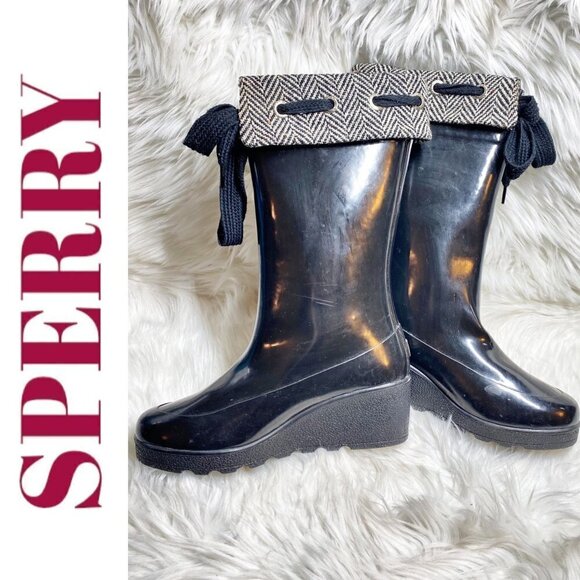 SPERRY Tall Black Wedge Fold Over Rubber Duck Boot Flannel Lining, Size 8 - Picture 3 of 11